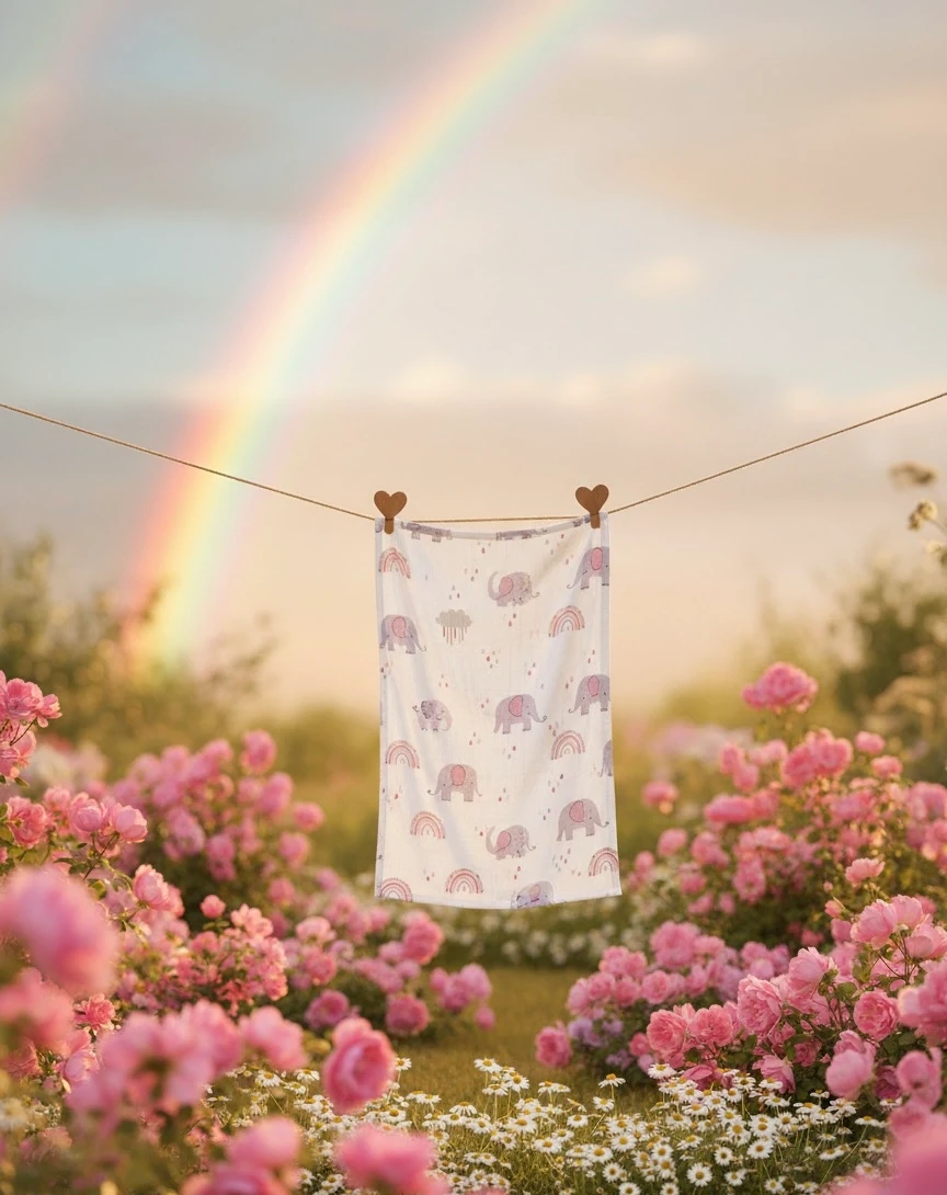 Bebek Müslin Örtü Seti I Fil Desenli ve Düz Renk Seçenekli 2'li Set